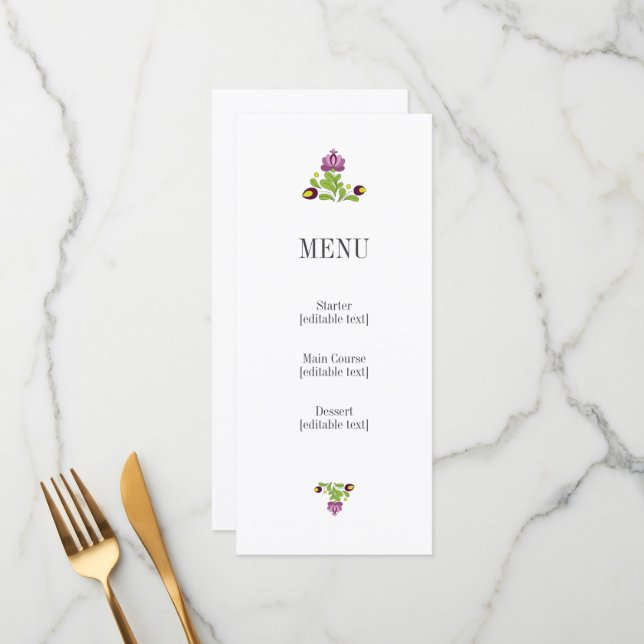 Personalized Folk Floral Wedding Menu Card (Devant/Arrière en situation)