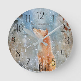 Personalized Fox Winter Scene Round Clock Runde Wanduhr