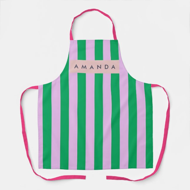 Personalized Fresh Green and Pink Striped Retro Schürze (Vorderseite)