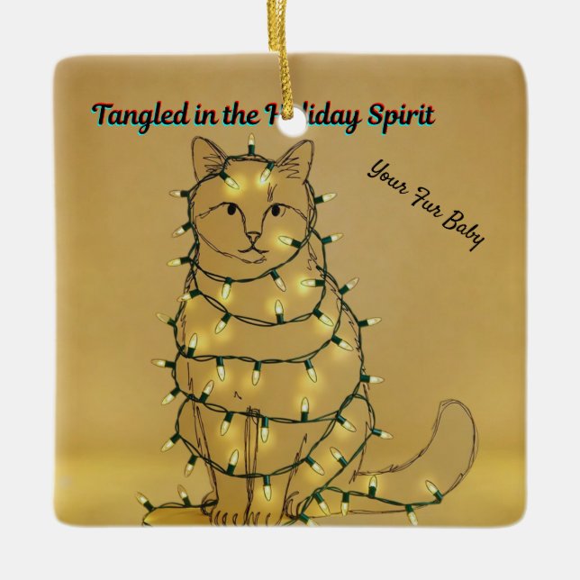 Personalized Funny Cat Tangled in Lights Keramikornament (Vorderseite)