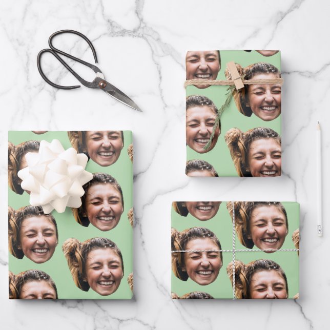 Personalized Funny Green Custom Face Photo Girly Geschenkpapier Set (Vorderseite)