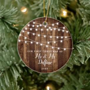 Personalized Gay Wedding Rustic Wood String Lights Keramik Ornament
