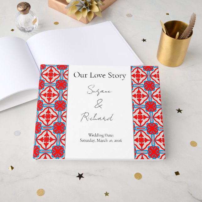 Personalized Geometric Red Wedding Guestbook Gästebuch (Vorderseite offen)