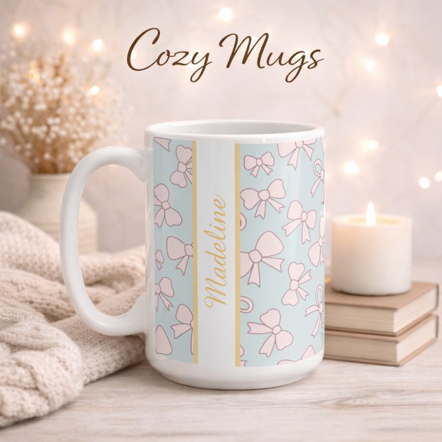 Personalized Girl Cute Bow Name Blue Pink Kaffeetasse (Von Creator hochgeladen)