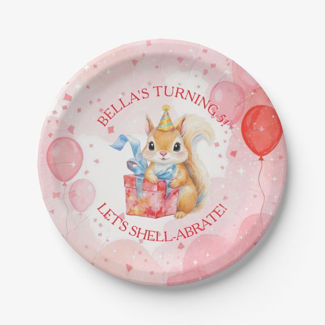 Personalized Girl's Birthday Squirrel Pink and Red Pappteller (Vorderseite)