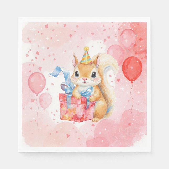 Personalized Girl's Birthday Squirrel Pink and Red Serviette (Vorderseite)