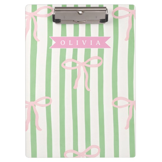 Personalized Girly Coquette Green Stripe Bow Klemmbrett (Vorderseite)