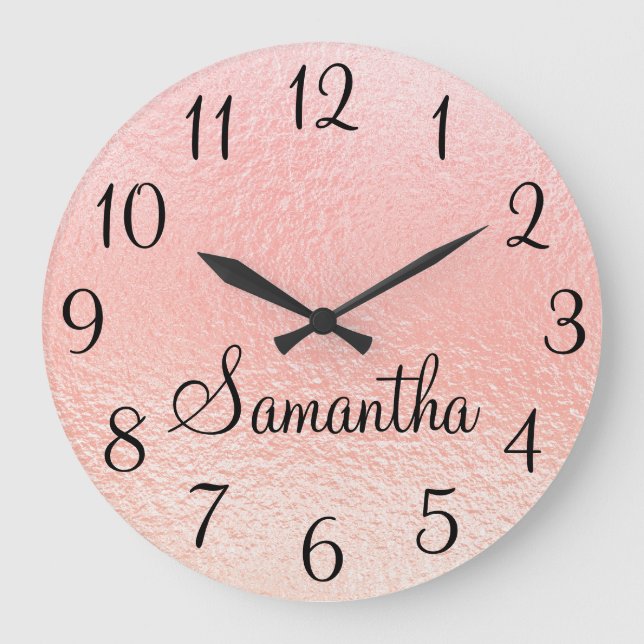 Personalized Girly Faux Pearly Peach Pink Foil Große Wanduhr (Vorderseite)