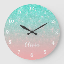 Personalized Girly Mint Pink Glitter Glam Ombre Große Wanduhr