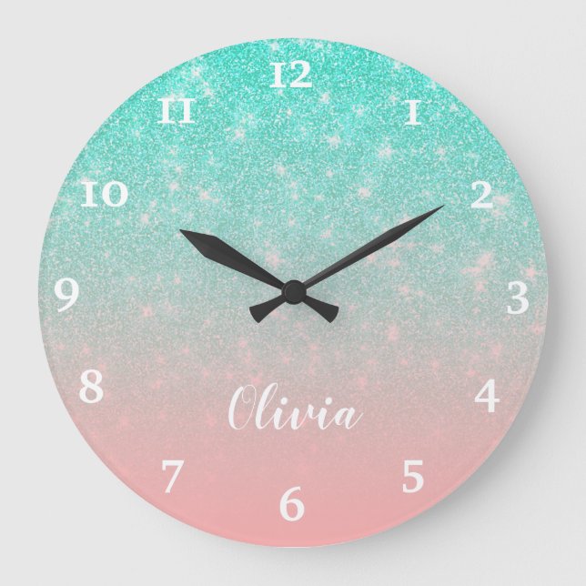 Personalized Girly Mint Pink Glitter Glam Ombre Große Wanduhr (Vorderseite)