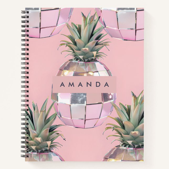 Personalized Glam Disco Pineapple Pink Metallic Notizbuch (Vorderseite)