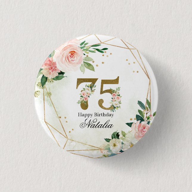 Personalized Gold & Floral 75th Custom Button (Vorderseite)
