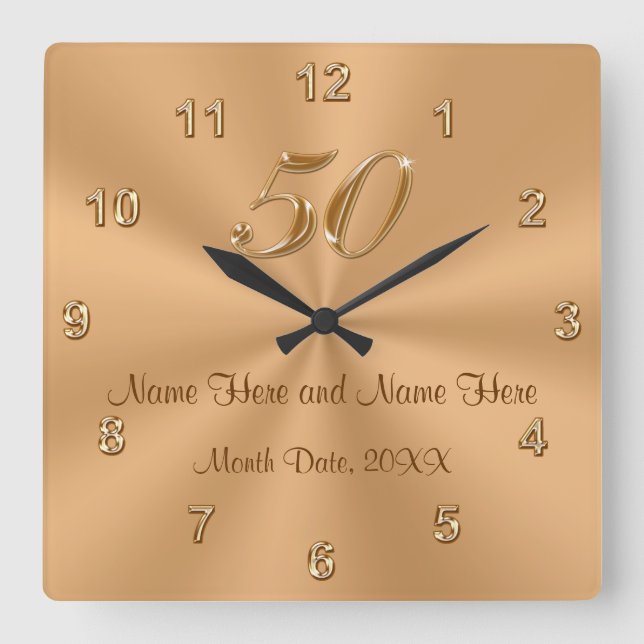 Personalized Golden Wedding Anniversary Gift Clock Quadratische Wanduhr (Vorderseite)