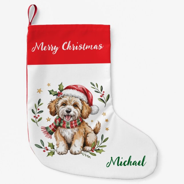 Personalized Goldendoodle Dog in Santa Hat  Kleiner Weihnachtsstrumpf (Vorderseite)