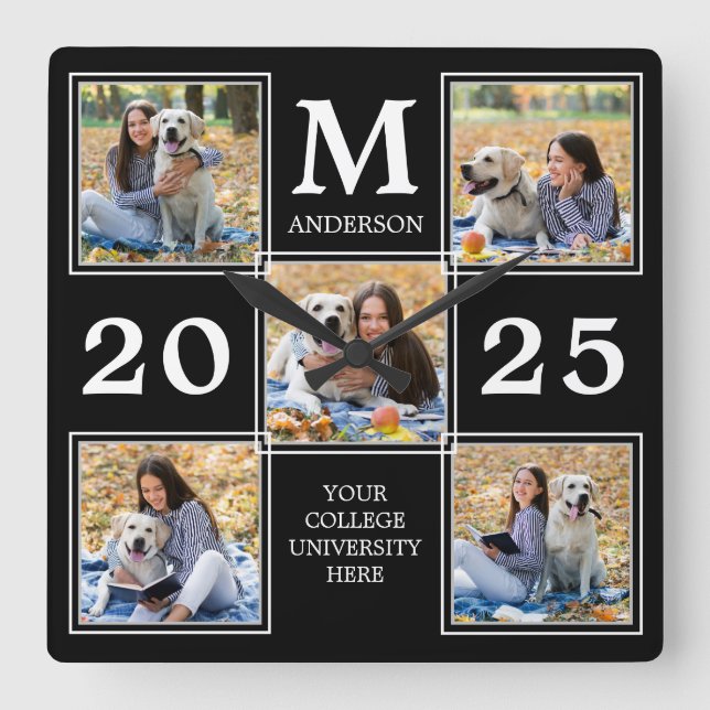 Personalized Graduate Monogram Photo Collage Quadratische Wanduhr (Vorderseite)