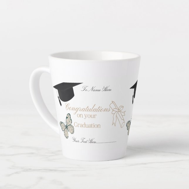 Personalized Graduation with Butterflies and Hat Milchtasse (Linke Ecke)