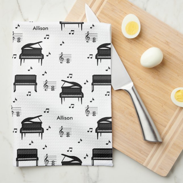 Personalized Grand Piano and Music Notes Pattern Geschirrtuch (Viertel Falte)