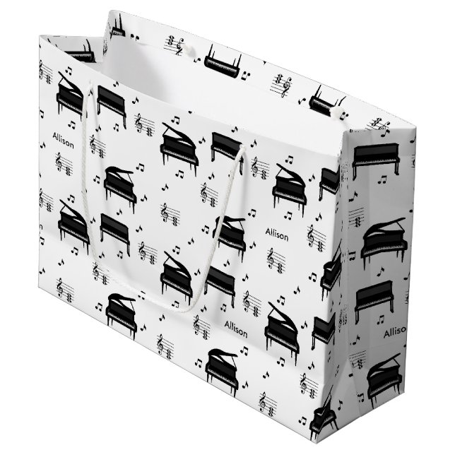 Personalized Grand Piano and Music Notes Pattern Große Geschenktüte (Vorderseite Schrägansicht)