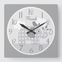 Personalized Gray Dot Elephant Nursery Baby Clock Quadratische Wanduhr