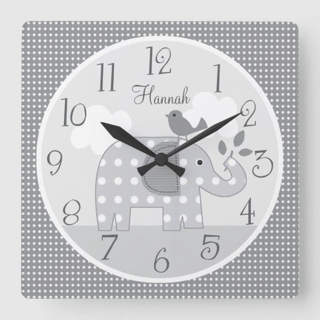 Personalized Gray Dot Elephant Nursery Baby Clock Quadratische Wanduhr (Vorderseite)