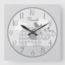 Personalized Gray Dot Elephant Nursery Baby Clock Quadratische Wanduhr