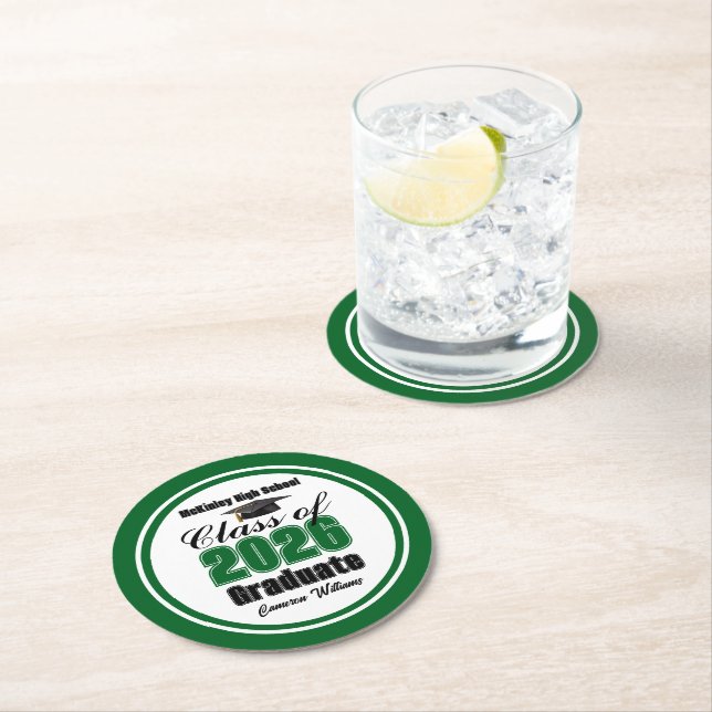 Personalized Green Class of 2026 Graduation Party Runder Pappuntersetzer (Vor Ort)