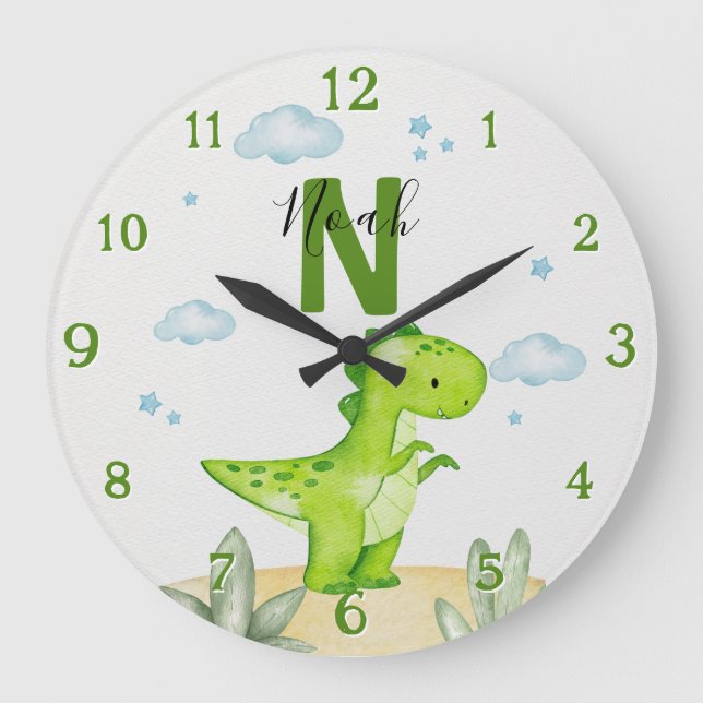 Personalized Green Dinosaur Nursery Large Clock Große Wanduhr (Vorderseite)
