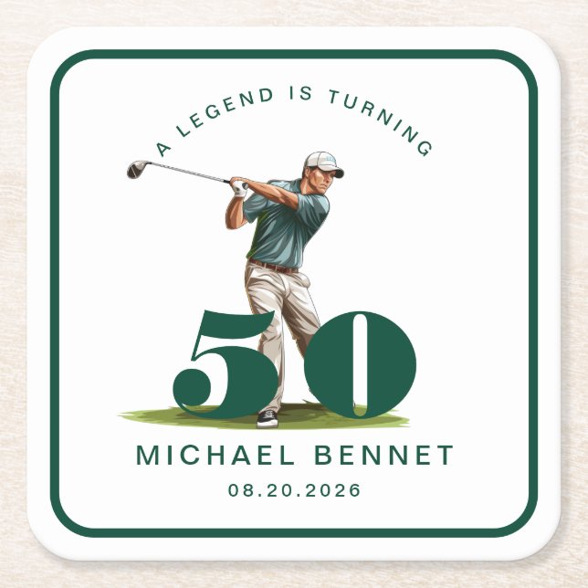 Personalized Green Sports Golf 50th Birthday Rechteckiger Pappuntersetzer (Vorderseite)