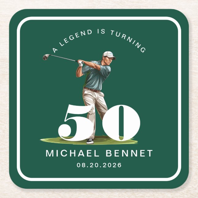 Personalized Green Sports Golf 50th Birthday Rechteckiger Pappuntersetzer (Vorderseite)