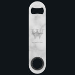 Personalized Groomsman's Monogram and Name Speed Flaschenöffner<br><div class="desc">Add a personal touch to your wedding with personalized groomsman's monogram and name gift. This design features personalized groomsman's name in classic script font style with title and wedding date and monogram as background, in classic serif font style, on white marble background. Also perfect for best man, father of the...</div>