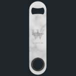 Personalized Groomsman's Monogram and Name Speed Flaschenöffner<br><div class="desc">Add a personal touch to your wedding with personalized groomsman's monogram and name gift. This design features personalized groomsman's name in classic script font style with title and wedding date and monogram as background, in classic serif font style, on white marble background. Also perfect for best man, father of the...</div>