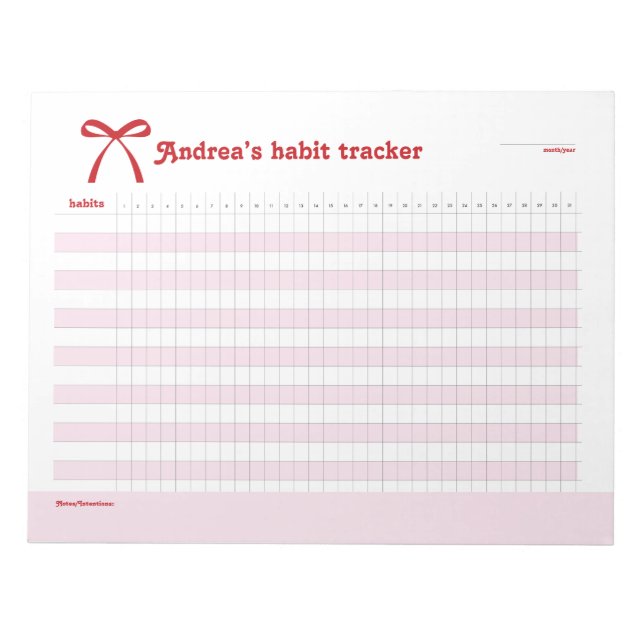 Personalized Habit Tracker Pink Bow  Notizblock (Vorderseite)