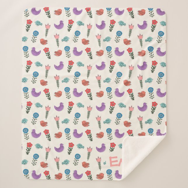 Personalized Hand-Drawn Folk Art Floral Kids Blank Sherpadecke (Vorderseite)