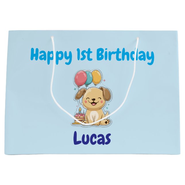 Personalized Happy 1st Birthday Gift Wrap, Puppy,  Große Geschenktüte (Vorderseite)