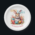 Personalized Happy Easter Bunny Eggs Family  Pappteller<br><div class="desc">Personalized Happy Easter Bunny Eggs Family Paper Plates. Celebrate Easter with this personalized watercolor design featuring a charming bunny, vibrant Easter eggs, and delicate spring flowers. Customize with your family name. Perfect for Easter baskets, home decor, or thoughtful gifts, this festive and cute design brings warmth and joy to your...</div>