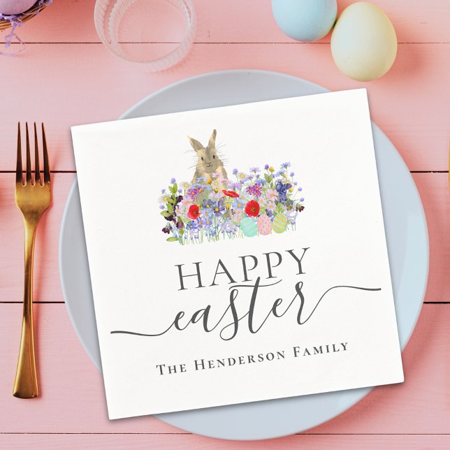 Personalized Happy Easter Cute Bunny Wildflower Serviette (Personalized happy Easter cute bunny wildflower floral spring party napkin)