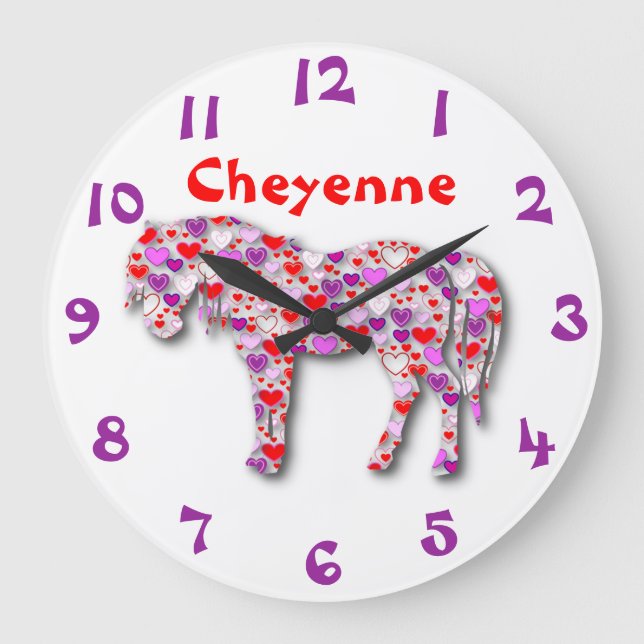 Personalized Heart Horse Purple, Pink and Red Pony Große Wanduhr (Vorderseite)