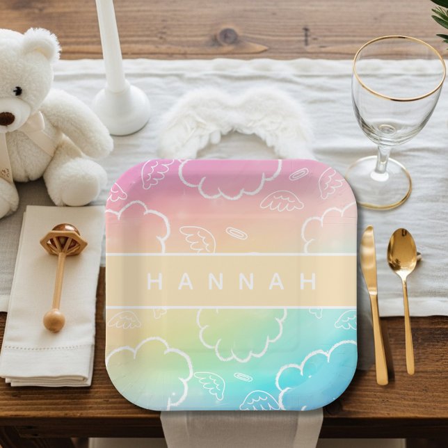 Personalized Heavenly Angel Halo Cloud  Rainbow  Pappteller (Personalized Heavenly Angel Halo Cloud Rainbow Paper Plates)