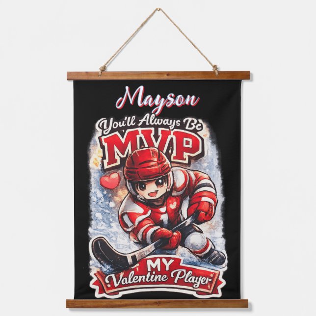 Personalized Hockey MVP My Valentine Player Wandteppich Mit Holzrahmen (Vorderseite)