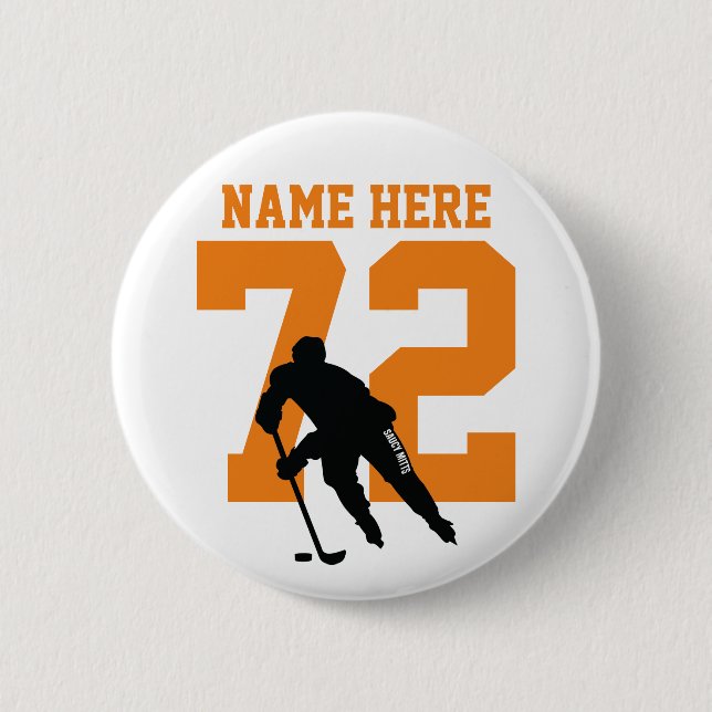 Personalized Hockey Player Name Number Orange Button (Vorderseite)