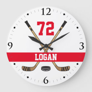 Personalized Hockey Player Name Number Red Große Wanduhr
