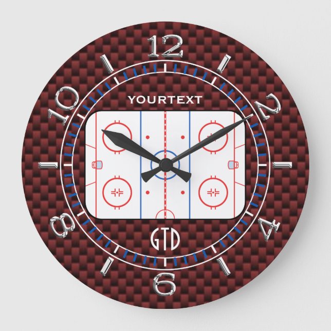 Personalized Hockey Rink Diagram Red Carbon Style Große Wanduhr (Vorderseite)
