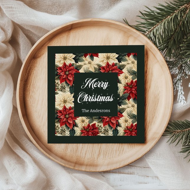 Personalized Holiday Napkins Red Poinsettia Print Serviette (Vintage Poinsettia Napkins Classic Red Green Style)