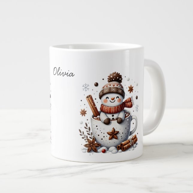 Personalized Hot Cocoa Snowman Custom Name Mug Jumbo-Tasse (Vorderseite Rechts)