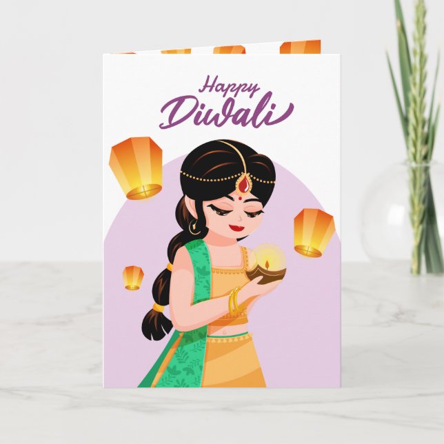 Personalized Indian Girl Diwali Floating Lantern Karte (Vorderseite)