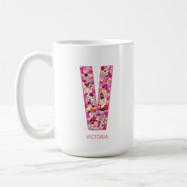 Personalized Initial | Floral Letter V Monogram  Kaffeetasse (Links)