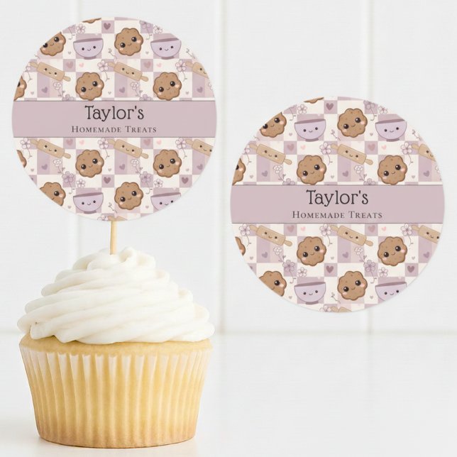 Personalized Kawaii Cookie Gingham Cupcake Topper  Runder Aufkleber (Von Creator hochgeladen)