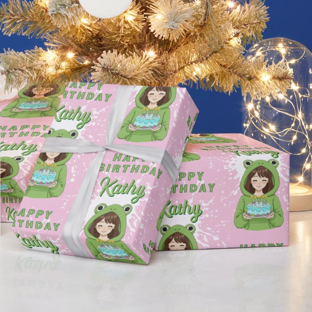 Personalized Kawaii Frog Hoodie Girl Birthday Geschenkpapier (Feiertage)