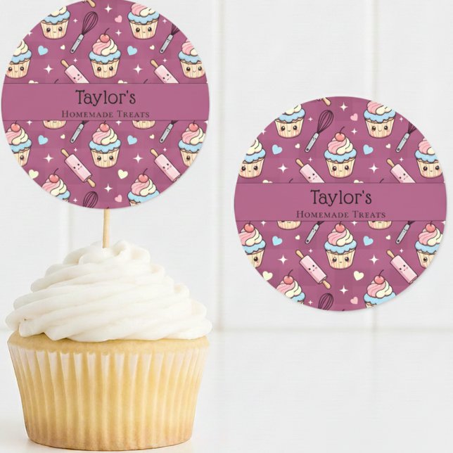 Personalized Kawaii Pink Purple Cupcake Topper  Runder Aufkleber (Von Creator hochgeladen)