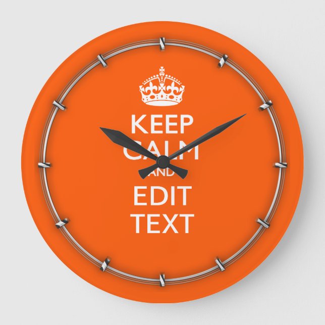 Personalized KEEP CALM Your Text Orange Accent Große Wanduhr (Vorderseite)